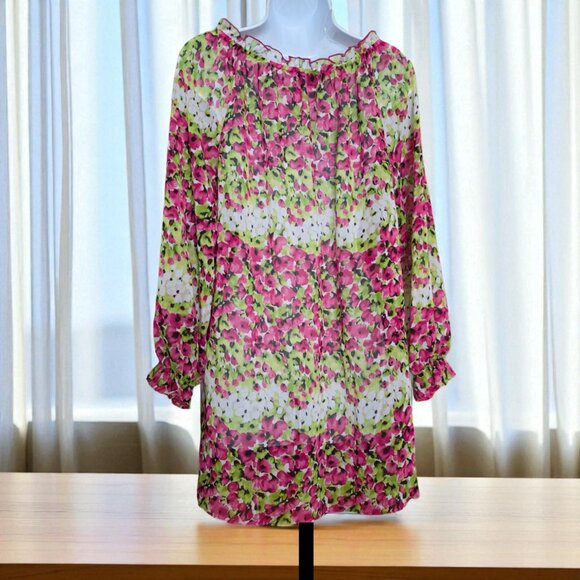 JOSEPH RIBKOFF ( XL-1X) Floral Sheer Ruffle Pullover Mini Dress/Tunic - Picture 5 of 7